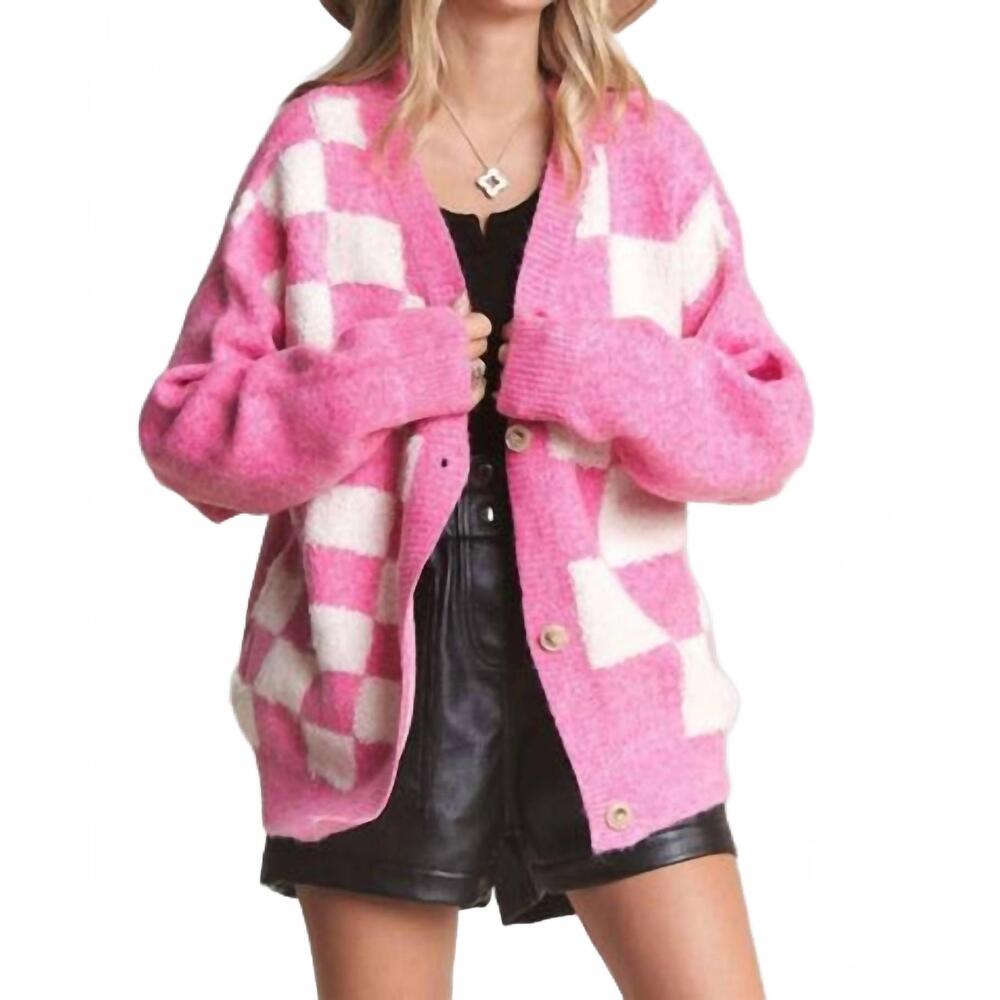 NEW MADELYN puff checker sweater cardigan - plus in fuchsia
